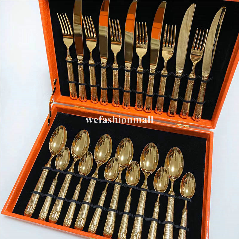 24pcs Gold Dinnerware Set Stainless Steel flatware Sets Knife Fork Spoons Luxury Cutlery Suit
24pcs Gold Dinnerware Set Stainless Steel flatware Sets Knife Fork Spoons Luxury Cutlery Suit