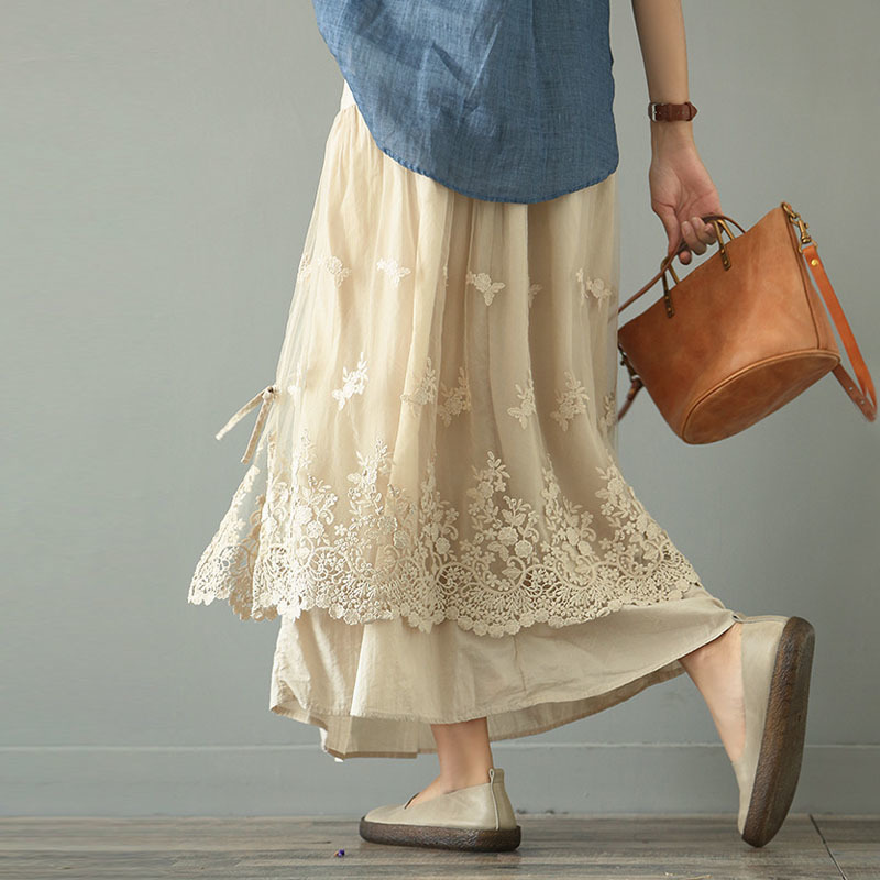 Eugen Yarn Skirt French Long Skirt Ankle Retro Double Mesh Yarn Loose Embroidery ALine skirt 210306