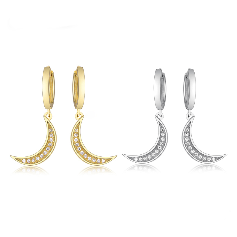 Authentic 100% 925 Sterling Silver Gold Color Moon Pendant Hoop Earring Women Fashion Luxury Zircon Round Loops Jewelry Piercing