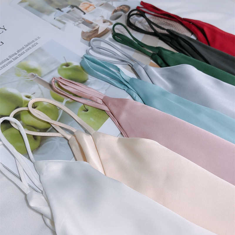 Korean Silk Halter Top Women Silk Camis Women V-neck Satin Tank Tops Elegant Woman Sleeveless White Tops Sexy Top Plus Size XXXL 210625