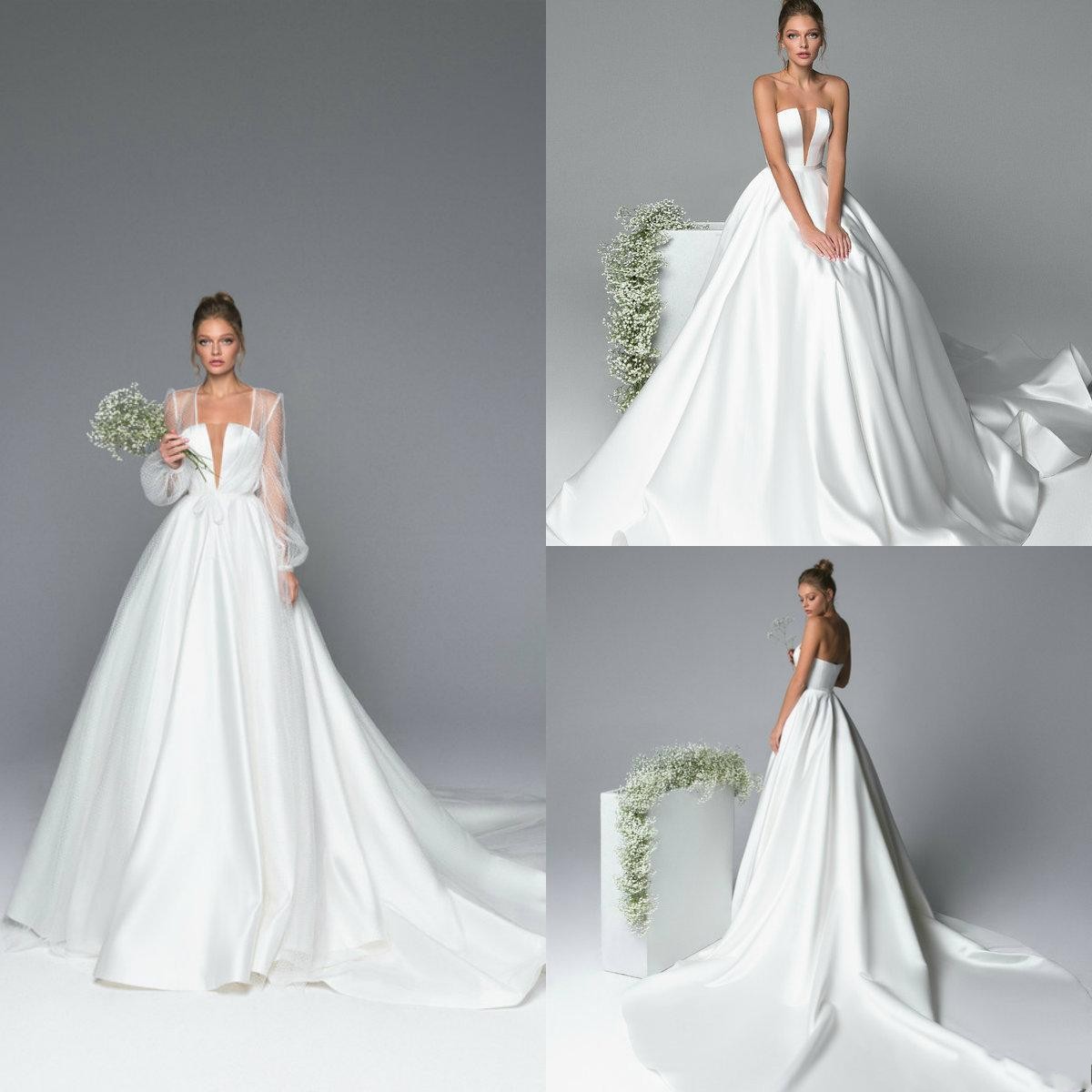 Simple A Cheap Line Dresses With Jacket Satin Strapless Sweep Train Beach Wedding Dress Bridal Gowns Custom Robe De Marie