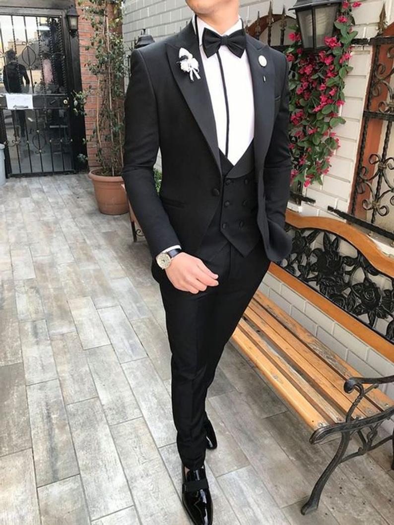 New Black Best Men Groom Wedding Pants Suits 3 pieces Mens Formal Wear Tuxedos Party Prom Work Blazer