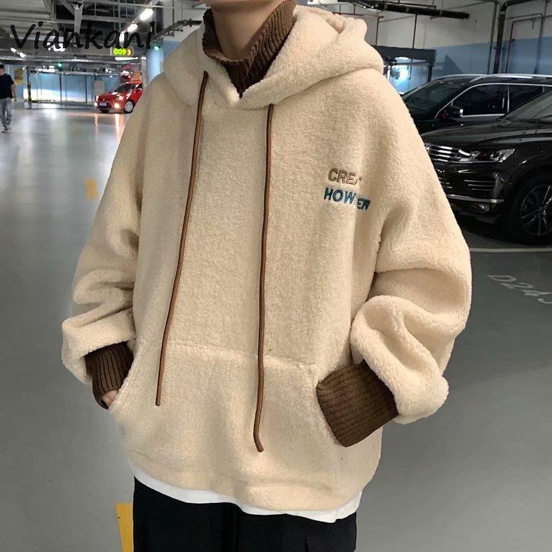 Men's Hoodies & Sweatshirts Men Lambs Wool Turtleneck Embroidery Thicker Fake 2 Piece Winter Plus Velvet Hooded Coats Couples Harajuku Outer