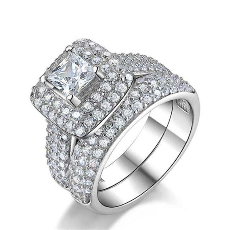 Sterg Sier Wedding Ring Set: Princess Cut Topaz & CZ Pave Bridal Set