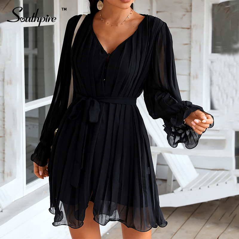 Southpire Women Long Butterfly Sleeve Draped Dress Ladies Daily Spring Summer Vestidos Elegant Ruffle Chiffon VNeck Party Dress 210303