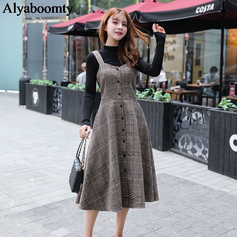England Style Autumn Winter Women Midi Sundress Suspenders Vintage Plaid Woolen Sleeveless Dress Elegant Chic Warm Vestido Mujer 201008
