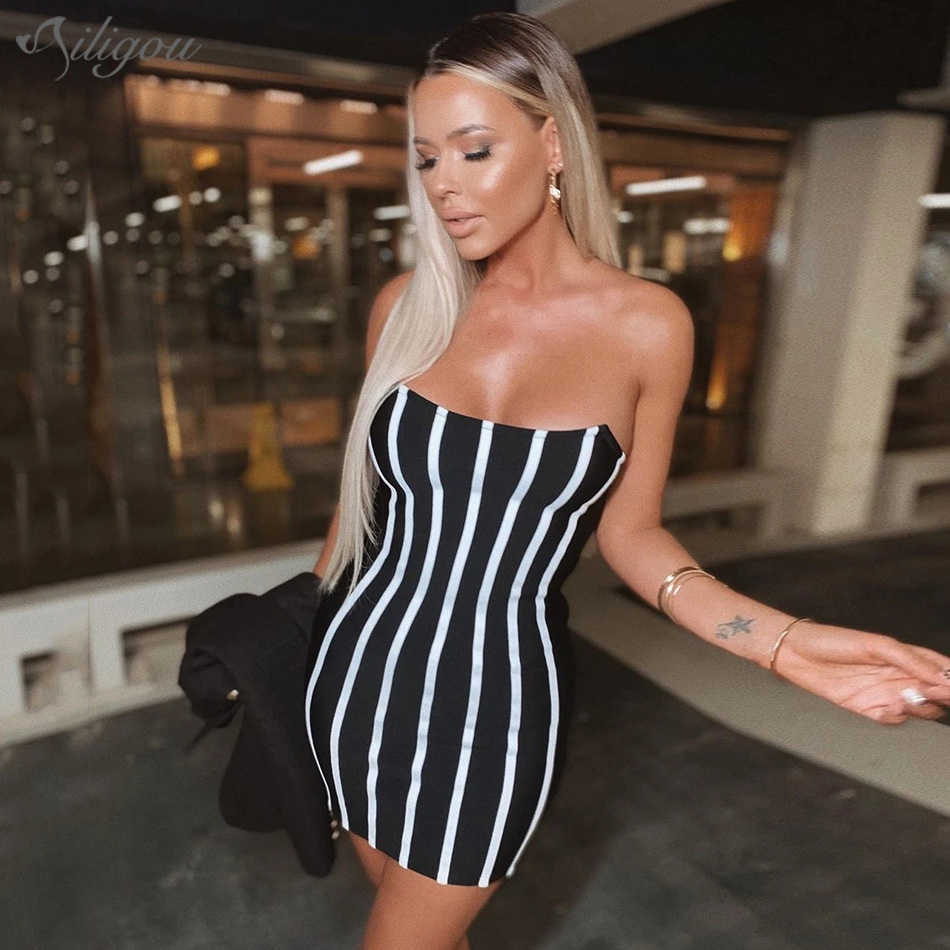Chic White Striped Splicing Design Sexy Strapless Sleeveless Celebrity Party Bandage Mini Dresss 210527