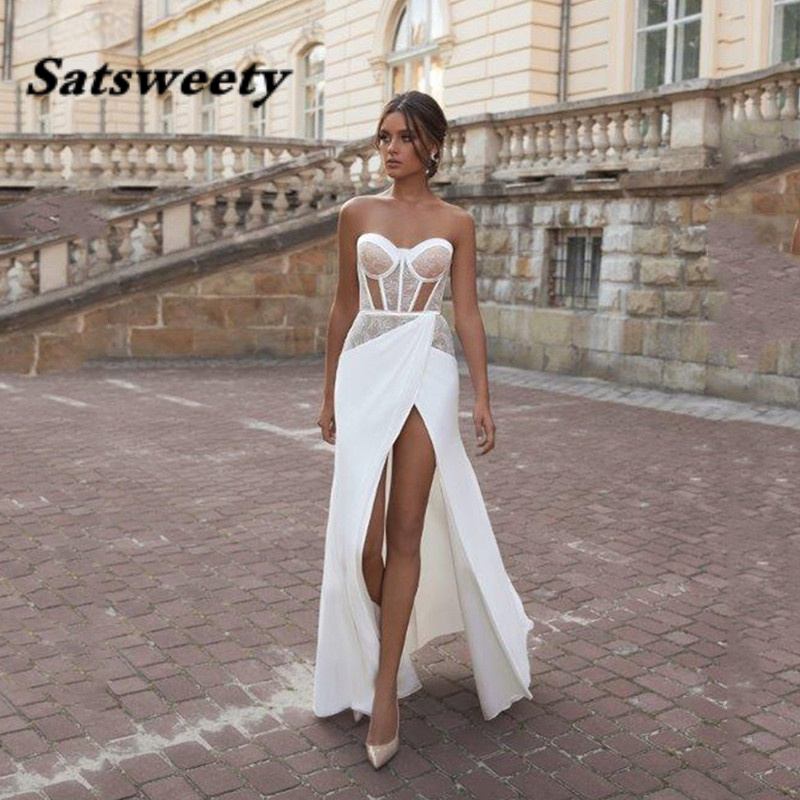 Beach Mermaid Wedding Dresses Sweetheart Neck Lace Bride Gown Sexy Side Split Satin Vestido de novia 2022, White
Beach Mermaid Wedding Dresses Sweetheart Neck Lace Bride Gown Sexy Side Split Satin Vestido de novia 2022, White