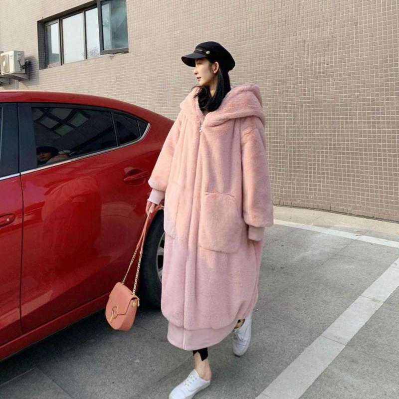 Oversized Faux Fur Coat Women Winter Thick Warm plush coat Ladies Big Hooded Jacket Female Pink Teddy Zipper 210928