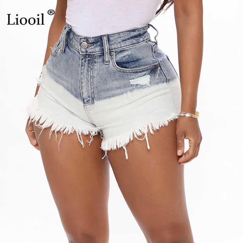 Liooil Patchwork Hole High Waisted Ripped Short Jeans with Tassel Women Button Zipper Pockets Washed Distressed Sexy Shorts 210611