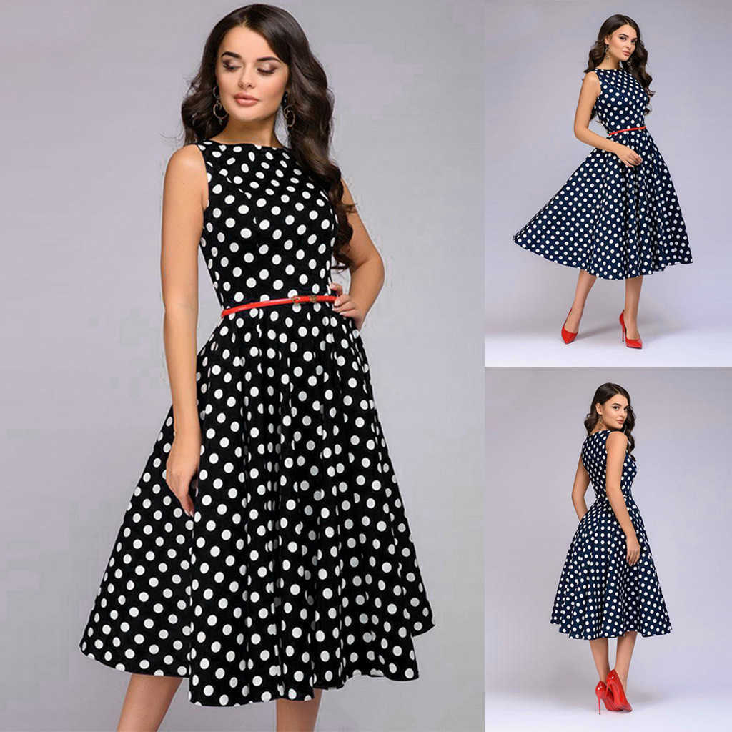 Fashion Women Elegant Dress Summer Dot Print Sleeveless Vintage Zip Flare Retro Knee Length Polka 210630
