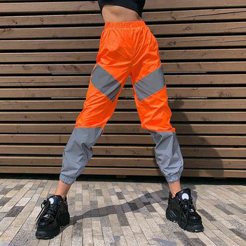 OMSJ Autumn Winter Loose Hight Waist Flash Reflective Patchwork Jogger Pants Women Neon Streetwear Outfits Cargo Trousers 211115