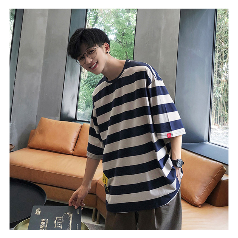Oversized Hip-hop Casual Fashion T-shirt Male Cotton Short Sleeve Stripe Fitness Tee Men Blue Summer Streetwear Harajuku T shirt T200219