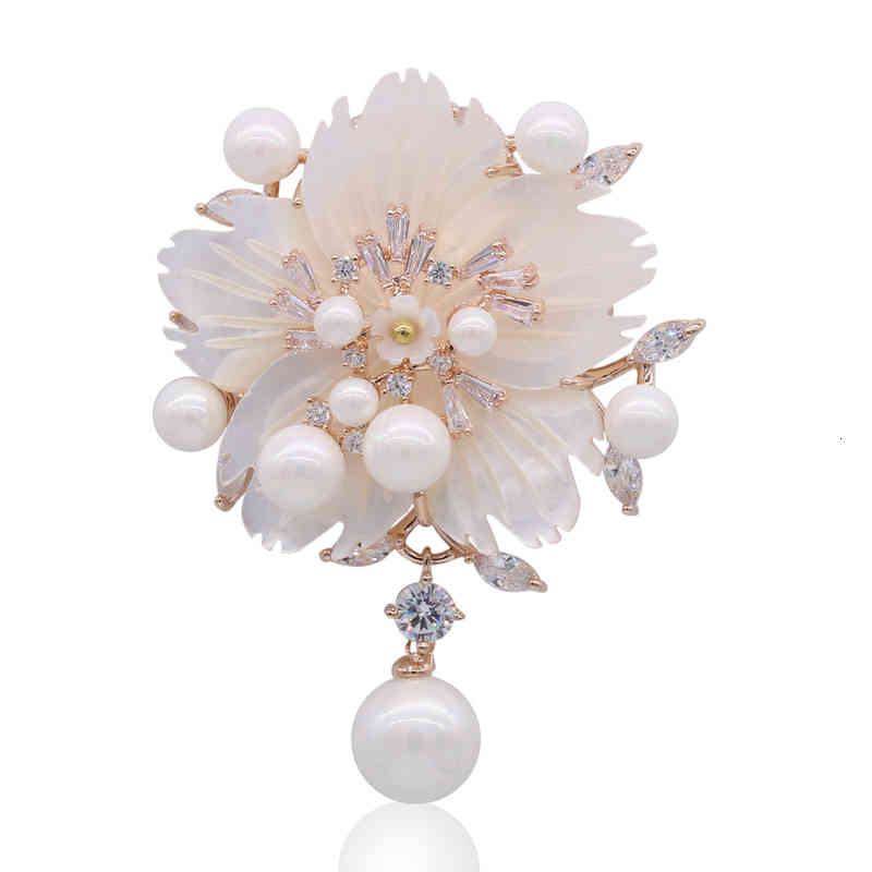 Simple Planting Flower Corsage Micro Inlaid Zircon Shell Pearl Women's Brooch Sweater Chain Dual-purpose Clothing Accessories
