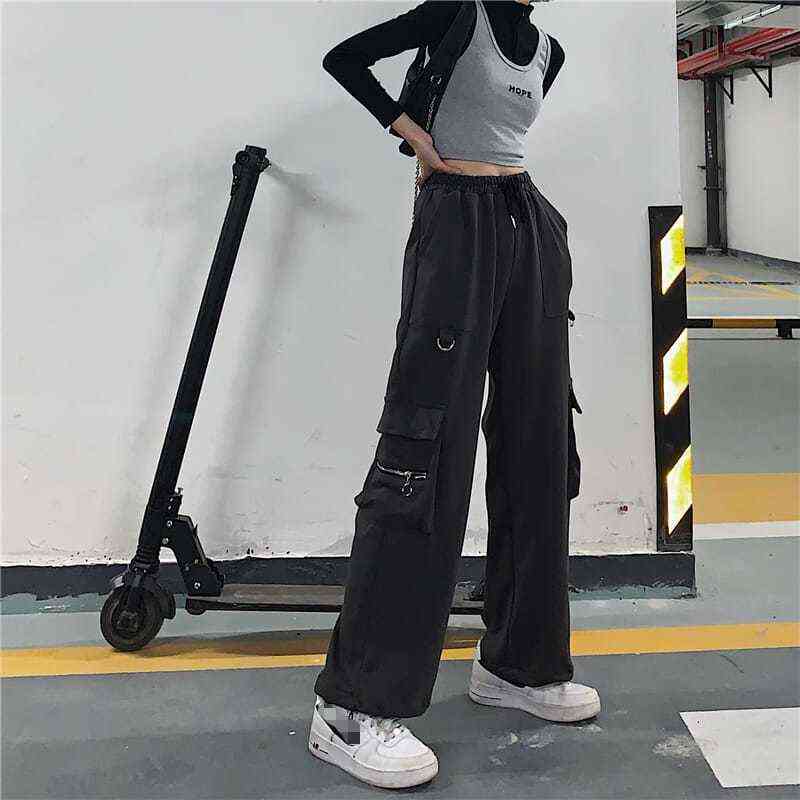 HOUZHOU Techwear Black Cargo Pants Women Hippie Streetwear Punk High Waist Korean Style Oversized Trousers Female Sweatpants 211112wtt