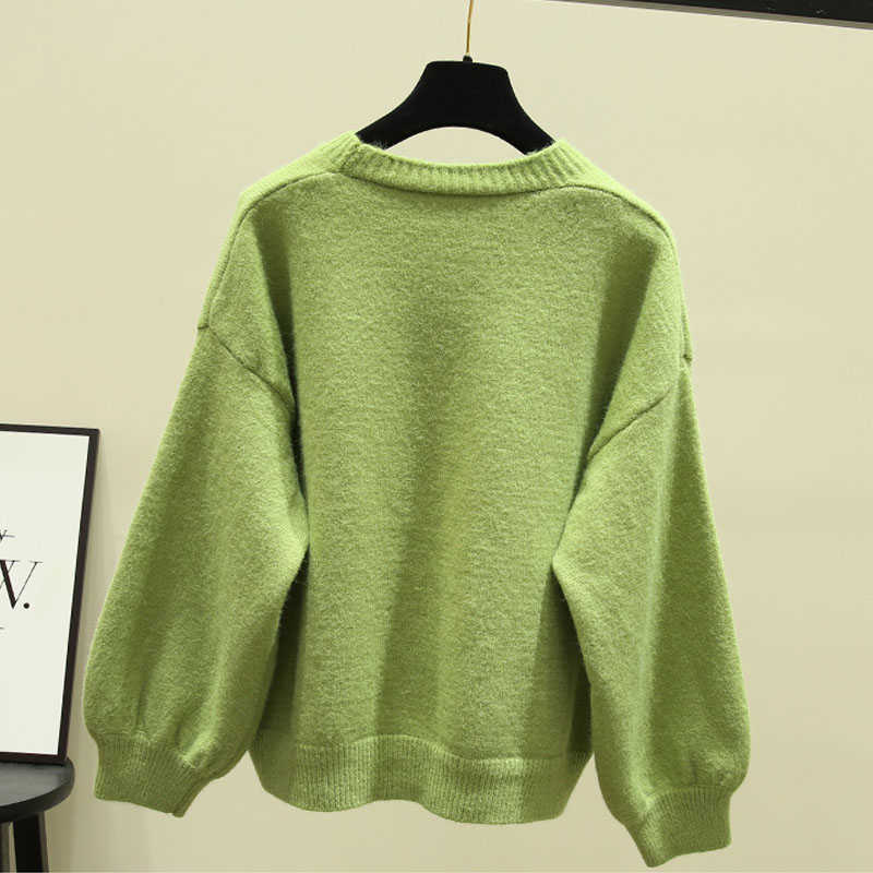 OHRYIYIE Autumn Knit Female Oversize Cardigan Women Loose Casual V Neck Knitted Sweater Fall Coat Lady Green 210914