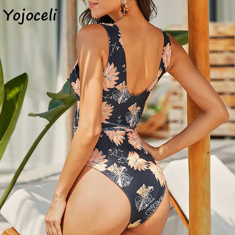 Yojoceli summer holiday floral print bandage bodysuit women hollow out sexy beachwear bikini 210609