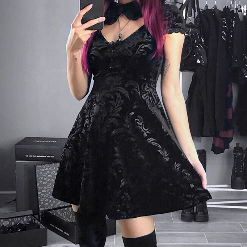Sexy Hollow Out Black Gothic Dress Print Lace Short Sleeve Velvet Mini Dress Harajuku Streetwear Vintage Pleated Dresses, Black;gray
Sexy Hollow Out Black Gothic Dress Print Lace Short Sleeve Velvet Mini Dress Harajuku Streetwear Vintage Pleated Dresses, Black;gray