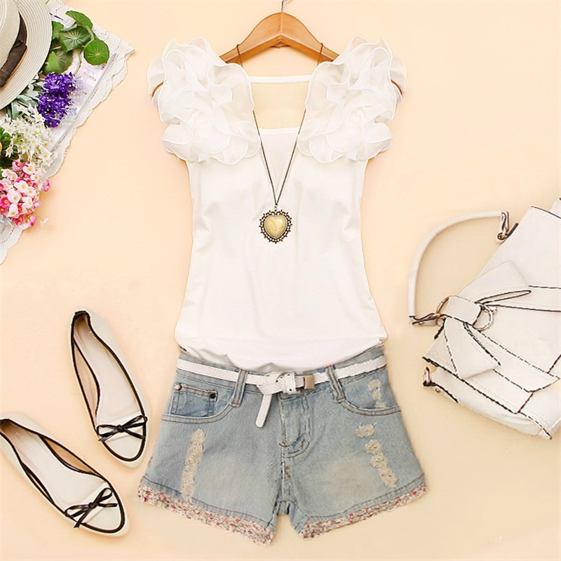 Cotton casual ruffles short sleeve plus size t shirts women Fashion solid loose t shirt spring summer all-match top ladies 210306