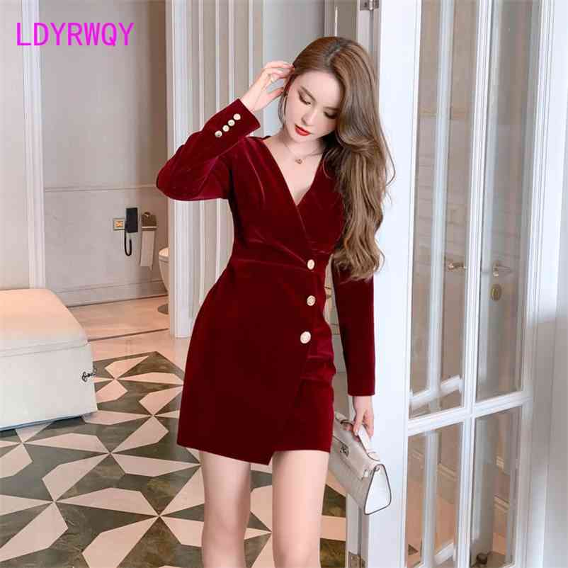 

Spring v gold velvet dress female red suit name Office Lady Zippers Knee-Length Polyester Regular 210603, Burgundy