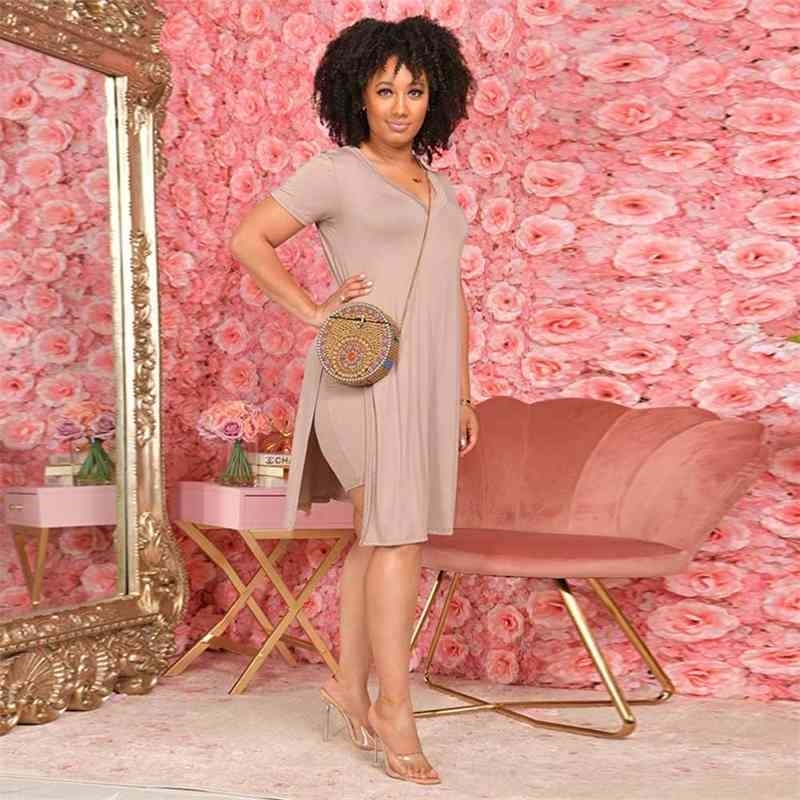 S-XXXL Plus Size Solid Two Piece Set Tracksuit for Women Short Sleeve Side High Split -long Tops and Skinny Shorts Outfits 210707