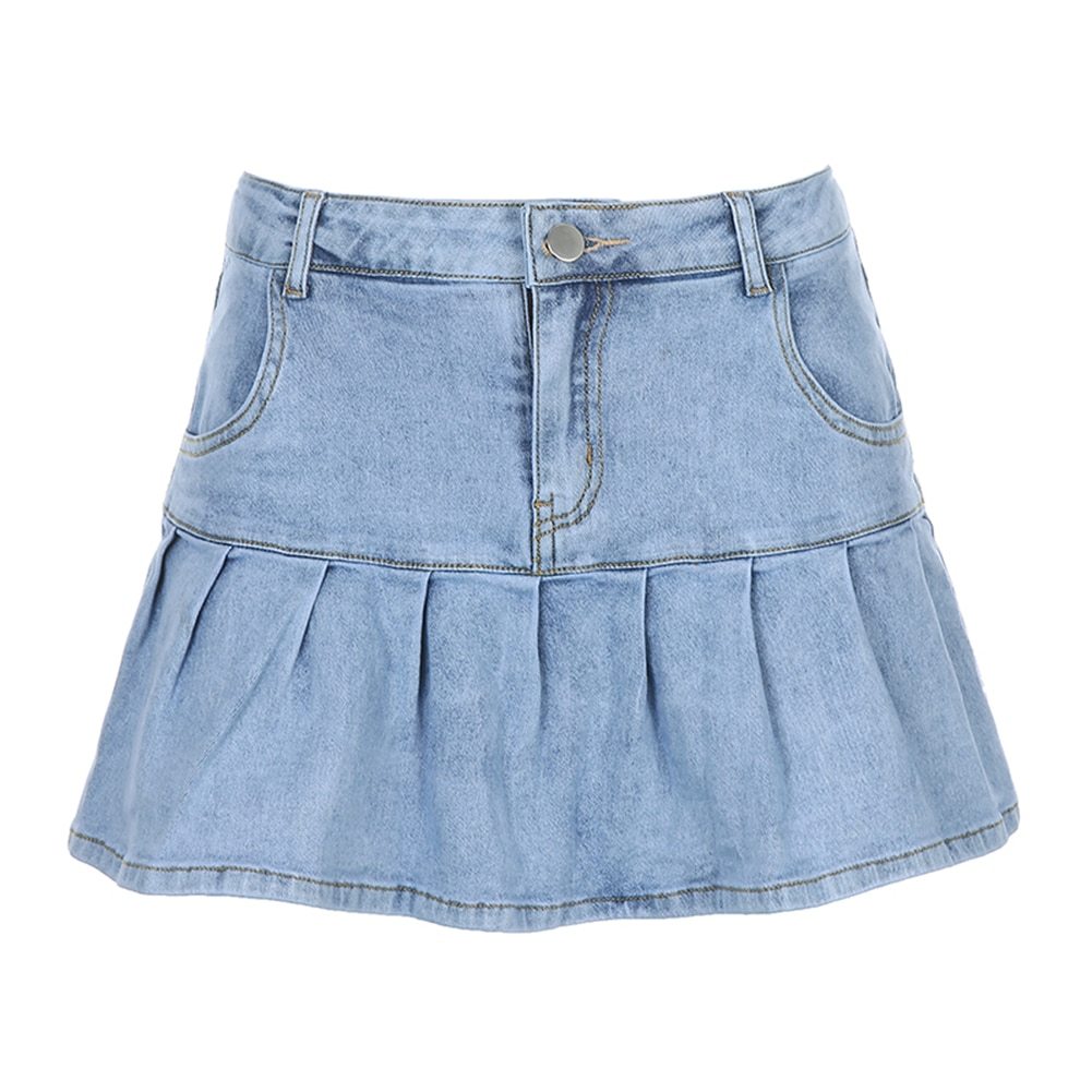 Women Jeans Partywear High Waist Pleated Zipper Mini Skirts Summer Streetwear Bottom Y2k Skinny Blue Skirt 210306