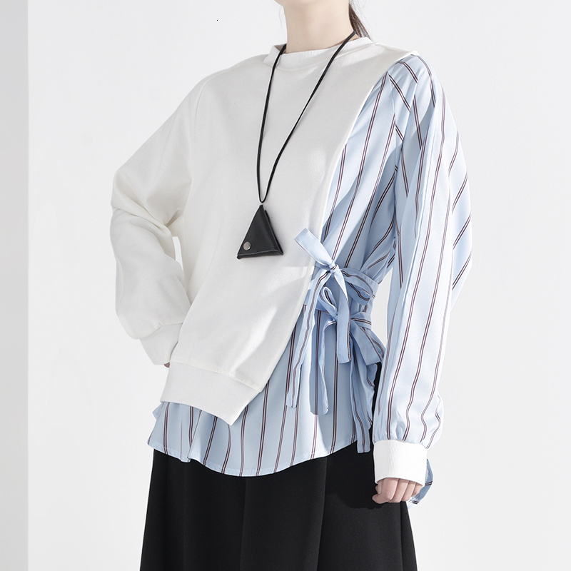 [EAM] Loose Fit Blue Striped Split Bandage Sweatshirt New Round Neck Long Sleeve Women Big Size Fashion Tide Spring LJ201130