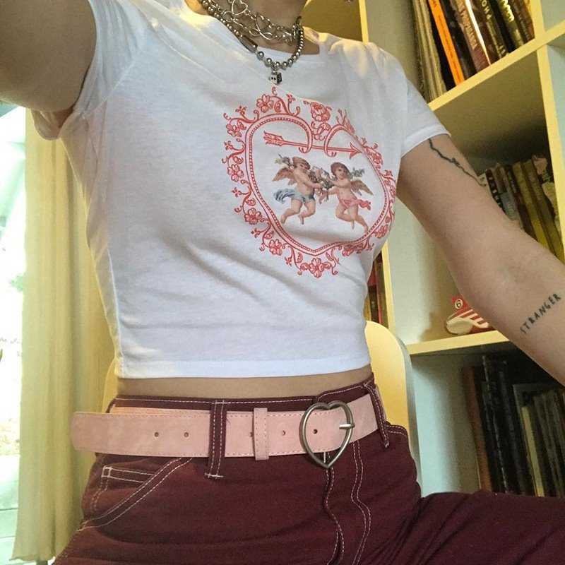 Yedinas Summer Sweet Love Angel Print T Shirts Women Sexy Slim Crop Tops 100% Cotton European Style Short Sleeve Tee Streetwear 210527
