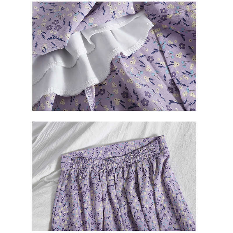 Floral Purple Print Ruffle Pleated Long Skirts Summer Women Korean Style Streetwear Drawstring Elastic Waist Midi Skirt 210621
