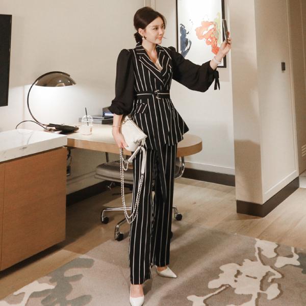 Women's Two Piece Pants 2021 Spring Elegant Office Work Wear Pant Suits 2 Sets For Women Stripe Blazer Jacket + Trousers Outfits Femme