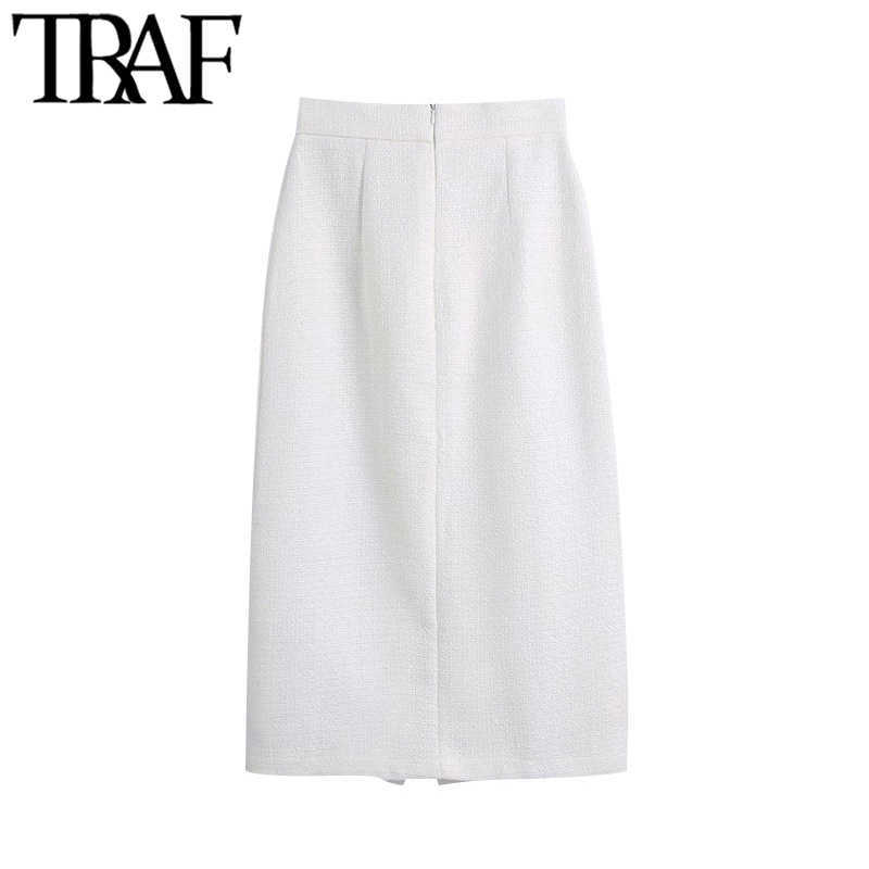 TRAF Women Chic Fashion With Buttons Front Slit Tweed Midi Skirt Vintage High Waist Back Zipper Female Skirts Mujer 210621