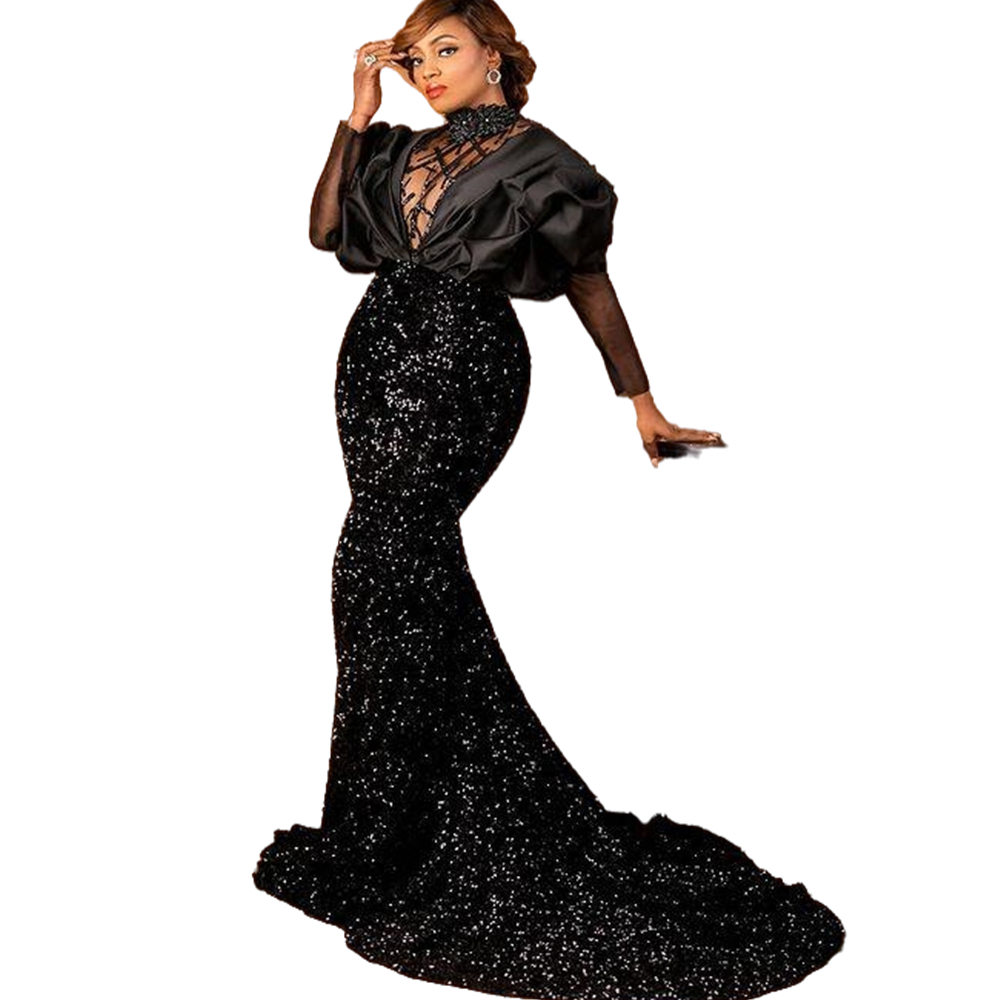 Aso Ebi Black Mermaid Formal Evening Dresses Glitter Sequined 2022 Arabic Dubai African Celebrity Party Gowns Full Sleeves beads High Neck Long Prom D