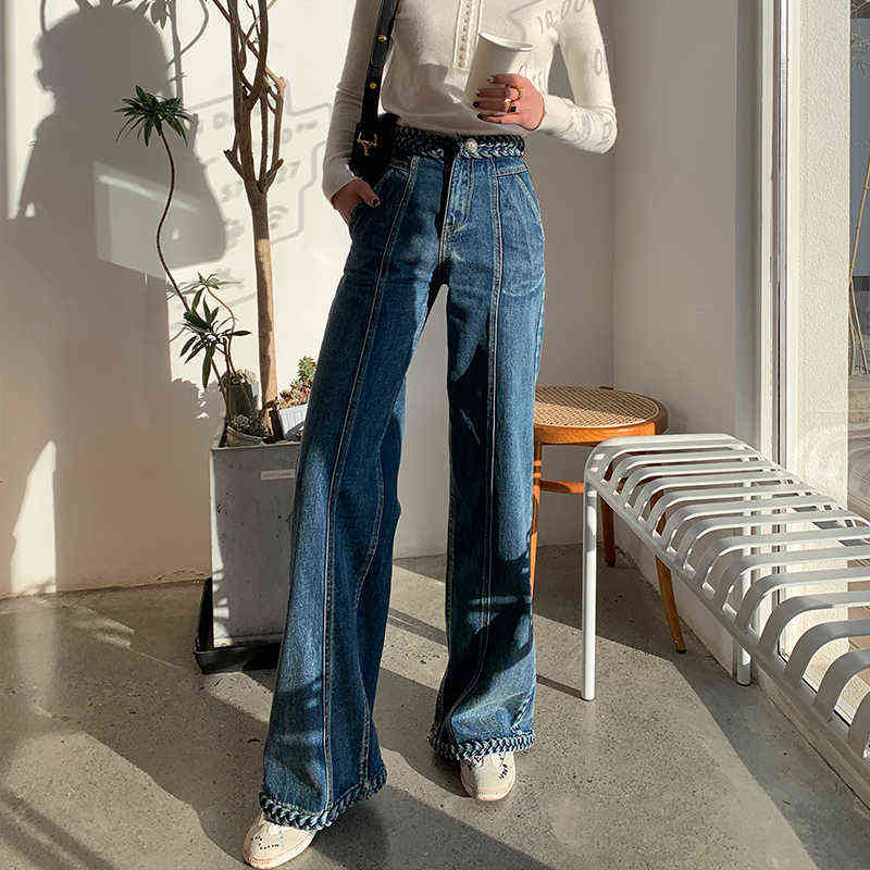 TWOTWINSTYLE Casual Blue Denim Trousers For Women High Waist Loose Straight Full Length Jeans Female Summer Fashion Clothes 211129
