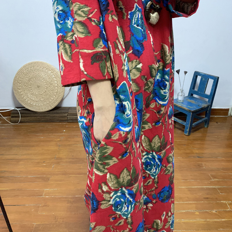 Ethnic women's long cotton and linen large color loose size dress Chinese retro diagonal buckle tea clothing autumn 210309