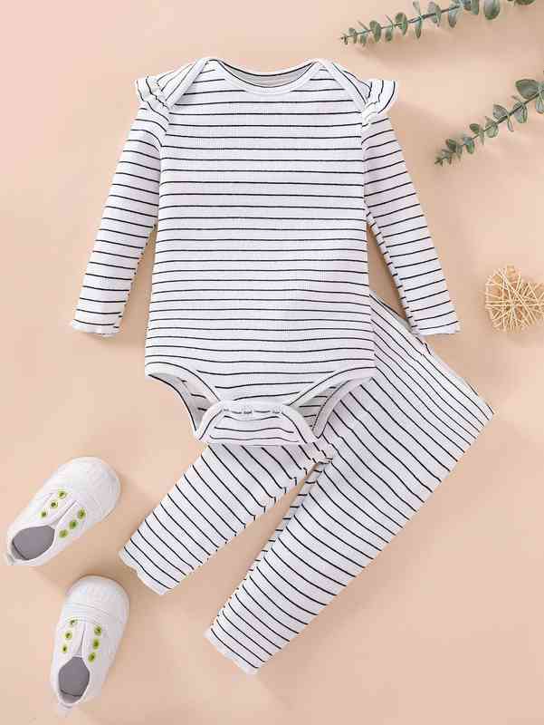 Baby Striped Ruffle Trim Bodysuit & Leggings SHE