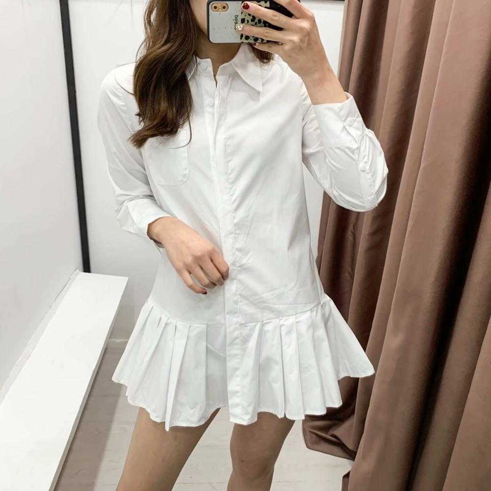 women solid color hem pleated white mini dress elegant long sleeve chic vestidos business clothing dresses DS3532 210623
