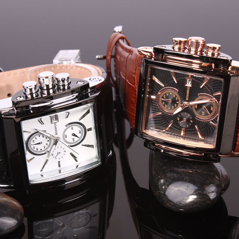 BOAMIGO men quartz watches large dial fashion casual sports watches rose gold sub dials clock brown leather male wrist watches 210310