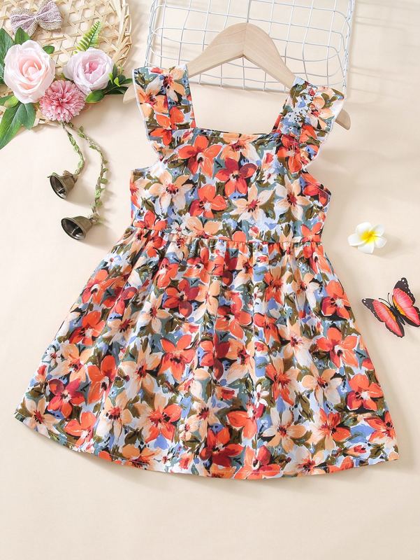 Toddler Girls Floral Print Ruffle Cuff Square Neck Dress SHE