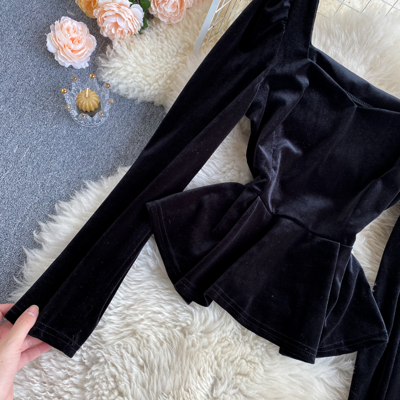 Lady New Fashion Square Collar Slim Retro Velvet Long Sleeve Tops Women Solid Color Casual Clothes Camisas Mujer Q760 210225