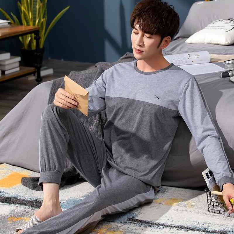 Men's Pajama Sets Autumn Winter Warm Men Sleepwear Set Long Sleeve Cotton Pajamas for Men Elastic Waist Pant Leisure Outwear 210812