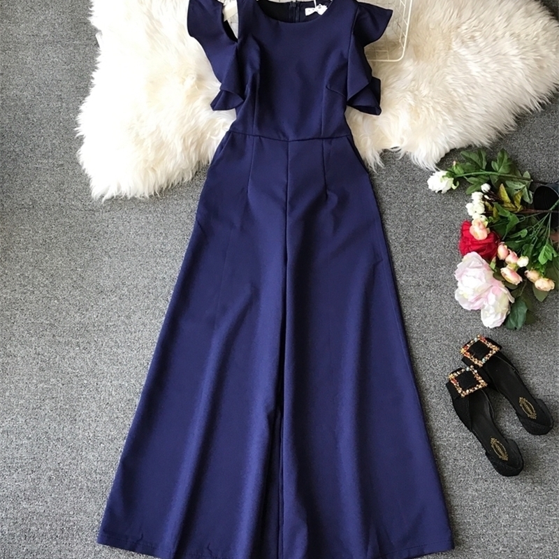Summer Elegant Jumpsuits Women Slim High Waist Ruffle Sleeved Irregular Strapless Playsuits Womens Casual Wide Leg Black Romper T200509