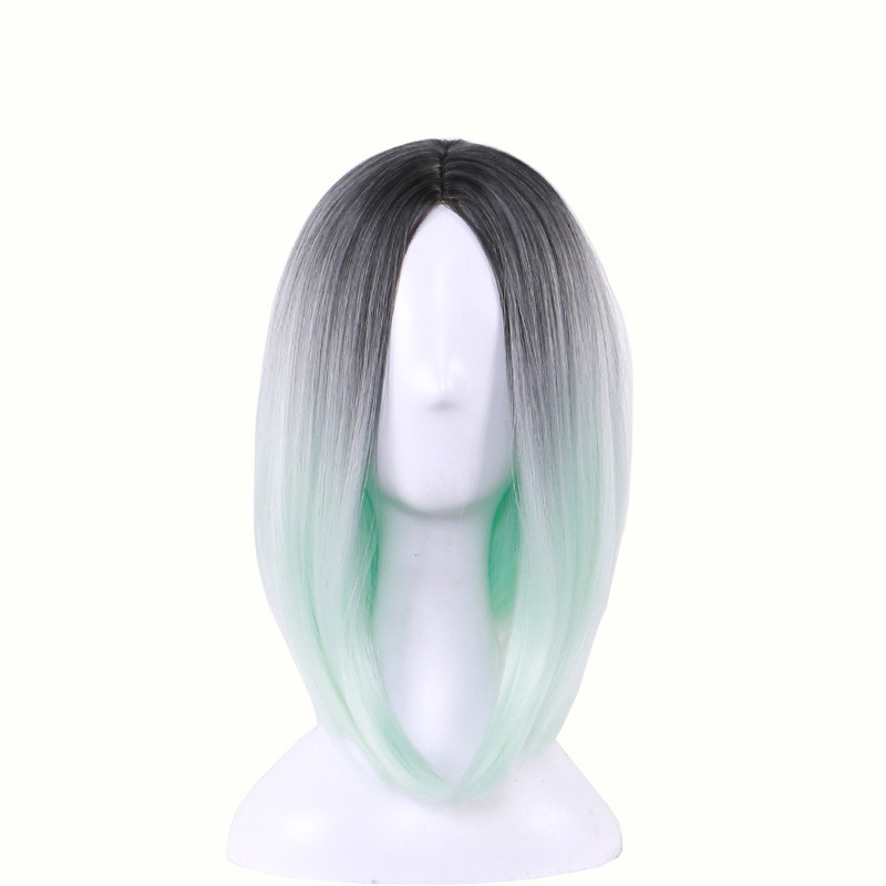 medium length straight hair wig heat resistant bob wigs lolita cosplay women synthetic wigs ombre black green gray pink purple