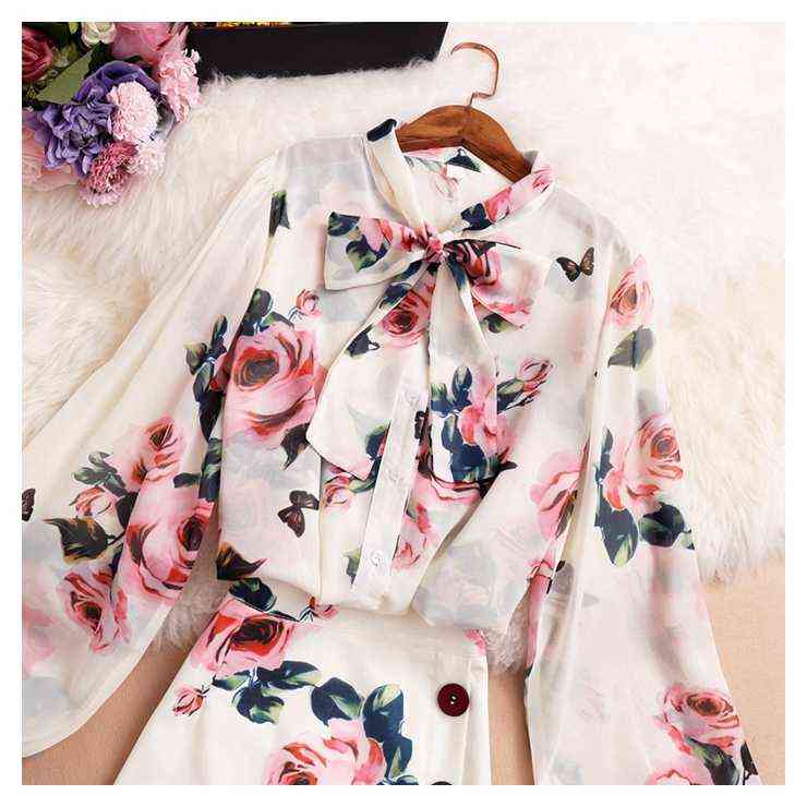 Women Summer Pink Rose Printed 2 Piece Set Sweet Bow Collar Long Sleeve Chiffon Shirt Top + Colorful Button Skirt 211106