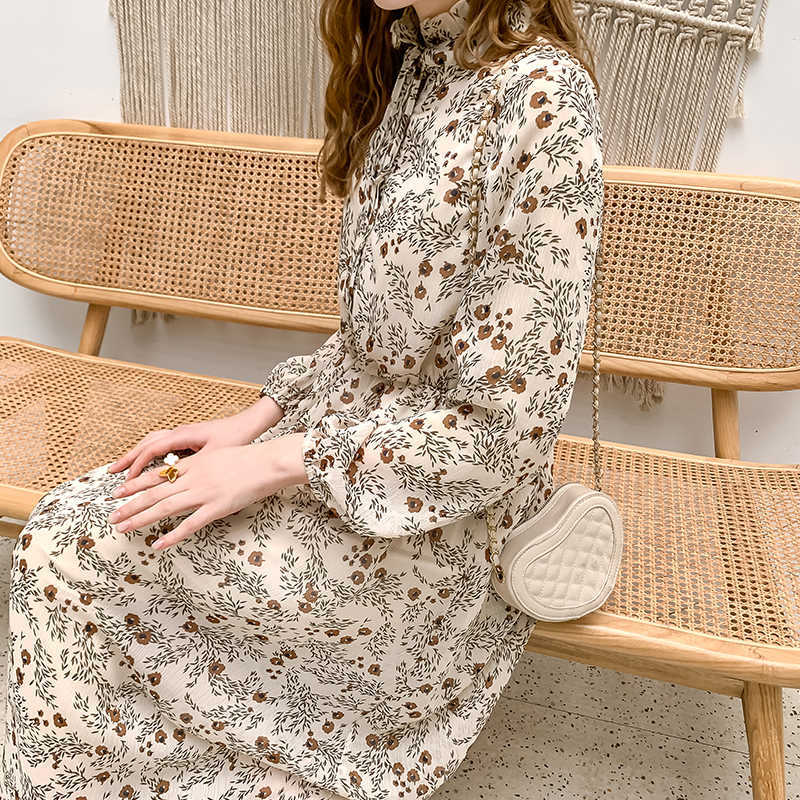 LY VAREY LIN Autumn Sweater Dress Two Piece Set Elegant Floral Print Stand Collar Long Sleeve Loose Ladies Streetwear 210526