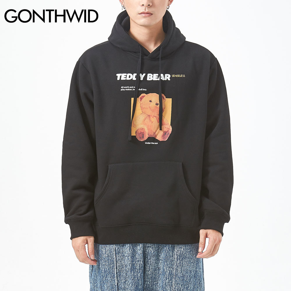 GONTHWID Toy Bear Print Fleece Hoodies Sweatshirts Harajuku Streetwear Hip Hop Casual Pullover Hooded Tops Men Fashion Tops 201020