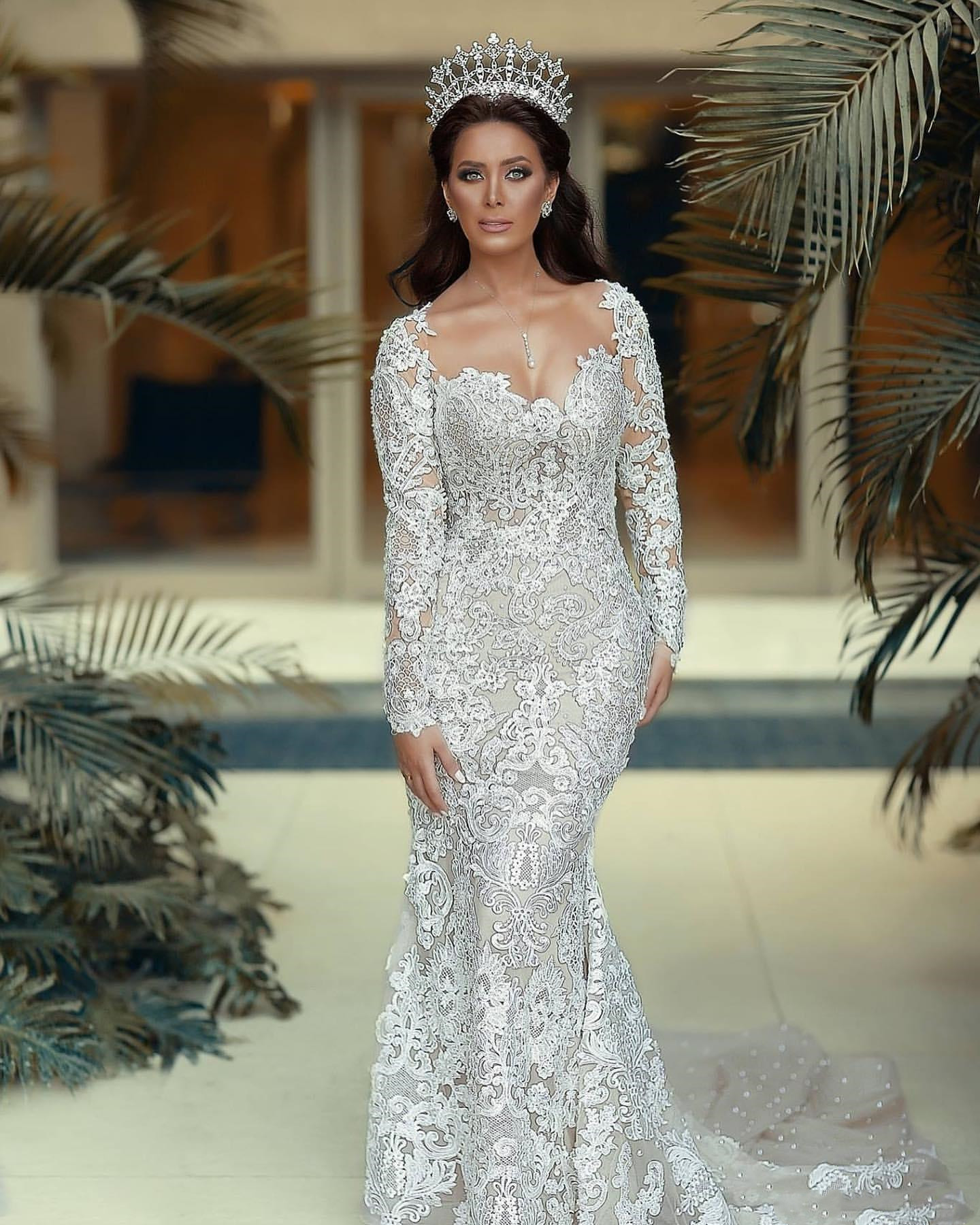 Illusion Long Sleeve Mermaid Wedding Dresses with Detachable Train Luxury Lace Pearls Arabic Aso Ebi Princess Wedding Gown Robes