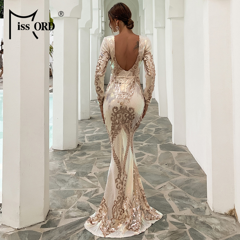 Missord Women Sexy O Neck Long Sleeve Backless Sequin Dresses Female Bodycon Maxi Dress Multi Evening Party Dress FT19747-1 210309
