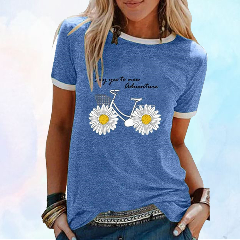 Daisy Flower Bicycle Print Women Summer T shirt Aesthetic Patchwork Tshirts Causal Harajuku Plus Size Kpop Clothes T-shirt 210302