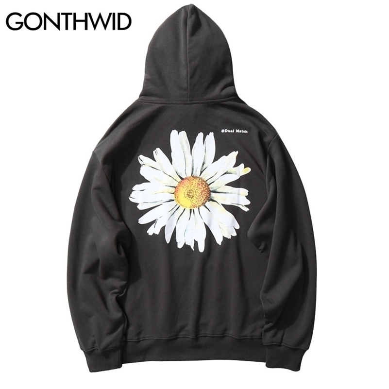 GONTHWID Harajuku Daisy Flowers Print Fleece Hoodies Sweatshirts Streetwear Men Hip Hop Casual Pullover Hooded Tops Fashion 201020