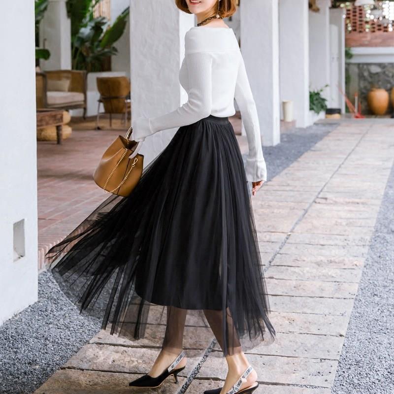 Skirt Summer for Women 3 Layers Princess Tulle Skirts Womens Mesh Pleated Aline Skirts Lady Long Tulle Skirt 210306